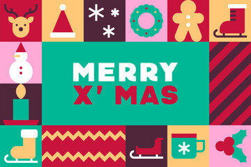 Bright Christmas card with decorative seasonal icons framing a Merry X Mas message