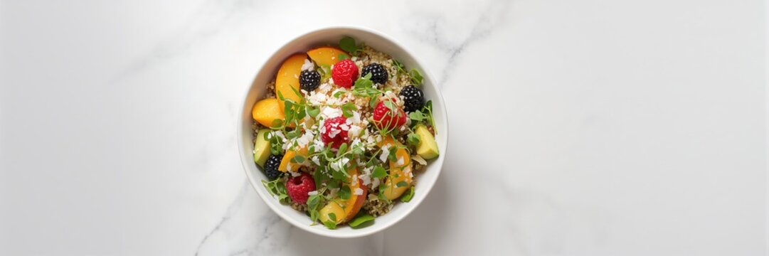 Vegan detox bowl with quinoa micro greens avocado broccoli watermelon radish alfalfa sprouts, nutrient-dense meal