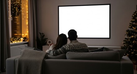 Cozy holiday movie night at home, a couple enjoys an evening of entertainment and relaxation on their couch in a festively decorated living space with ambient lighting