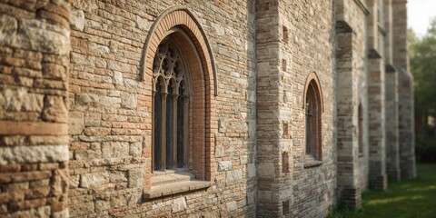 Close-up of a historic stone wall with arched windows and decorative brickwork, suitable as an architectural backdrop for text design