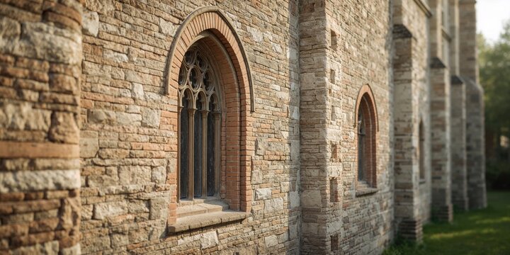 Close-up of a historic stone wall with arched windows and decorative brickwork, suitable as an architectural backdrop for text design - Powered by Adobe