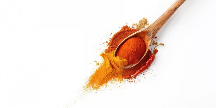 Wooden spoon with a variety of colorful spices arranged on a white surface, suitable for culinary preparation, World Food Day