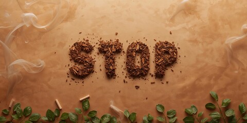 Flat layout of STOP text made from cigarette or tobacco on brown background, emphasizing tobacco use awareness