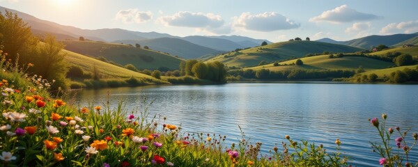 Serene Lake Landscape with Wildflowers