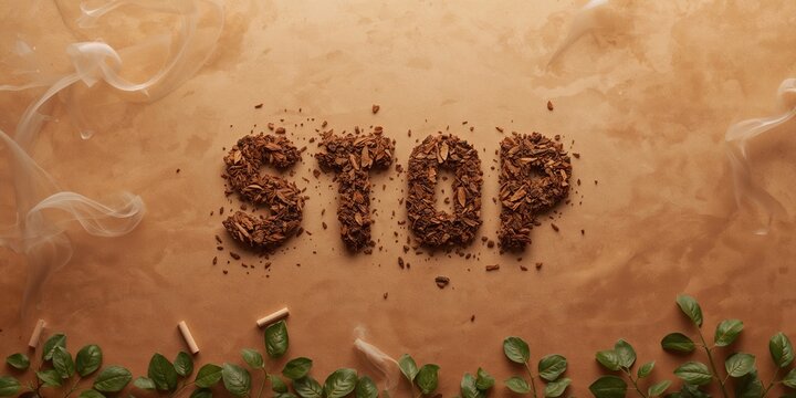 Flat layout of STOP text made from cigarette or tobacco on brown background, emphasizing tobacco use awareness