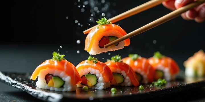 Salmon Sushi Roll With Chopsticks Food Photography Japanese Cuisine Gourmet