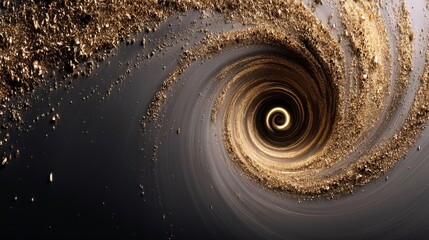 A dynamic vortex of shimmering gold dust swirls into a bright, glowing center against a dark, smooth surface, creating a sense of motion and depth.