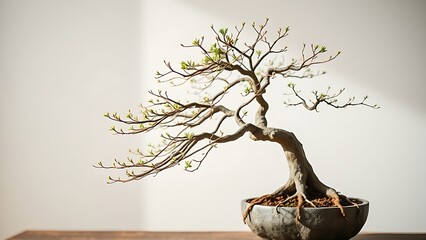 pruned. Meticulously pruned bonsai tree with balanced branches against a soft background. gardening catalogs, home-decor guides, designed for home decor and floral branding.