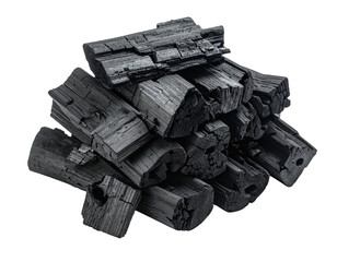 Close-up pile of dark, charred wood pieces, showing textures and shapes