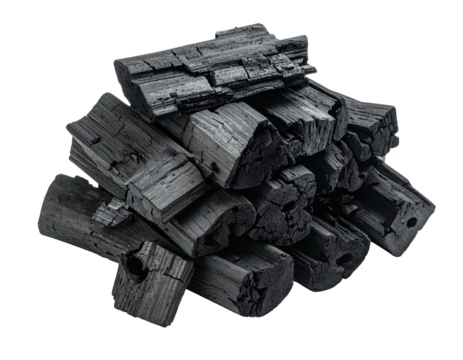 Close-up pile of dark, charred wood pieces, showing textures and shapes