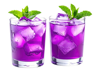 Two refreshing cocktails, vibrant purple with ice cubes, mint garnish on black