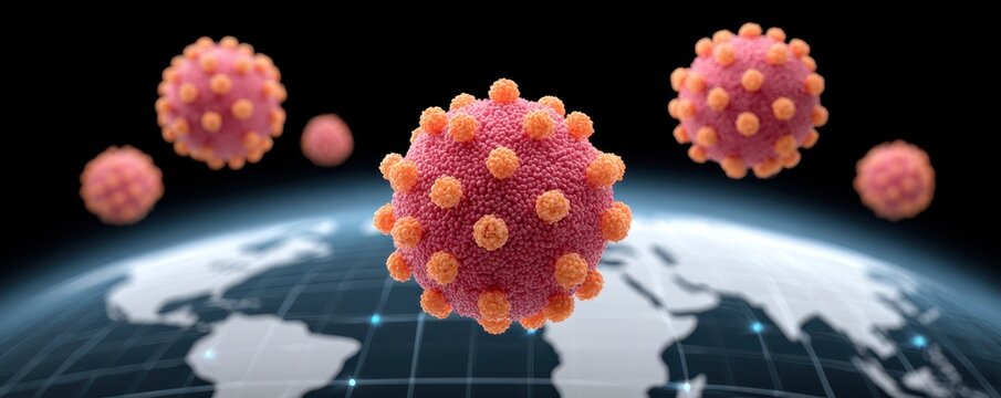 A digital rendering of a virus, resembling a coronavirus, floating above a stylized globe, symbolizing global health and disease spread.