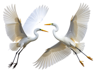 Two white egret flying variations in one frame, isolated on transparent background