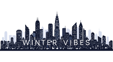 Naklejka premium Dark silhouette skyline of city buildings with illuminated windows and winter vibes text