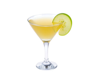 Martini glass filled with a yellow cocktail, garnished with a green apple slice