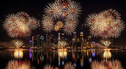 Spectacular fireworks illuminate the Singapore skyline with vibrant colors reflecting on the water for a captivating celebration of progress and culture