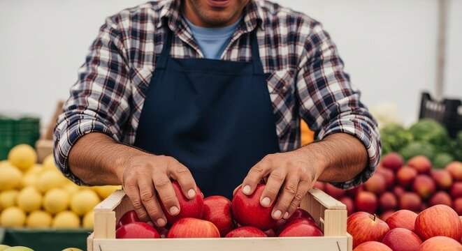 Close-up of a man's hands wearing a plaid shirt and apron, carefully placing vibrant red apples into a wooden crate at a market stall. - Powered by Adobe