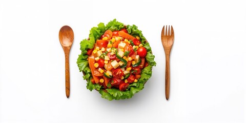 Vibrant vegetable salad in a bowl with wooden utensils emphasizing fresh ingredients, healthy eating