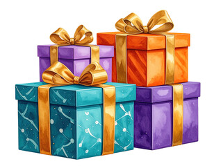 Digitally painted image of vibrant gift boxes stacked with golden ribbons and bows