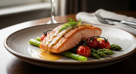 Gourmet Salmon Fillet with Asparagus and Cherry Tomatoes Topped with Creamy Sauce Served on Stylish Plate for Elegant Fine Dining Experience in Restaurant
