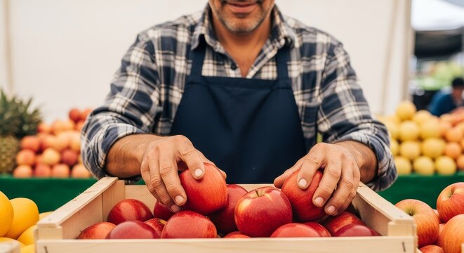 Close-up of a man's hands placing fresh red apples into a wooden crate at a vibrant fruit market stall, with blurred colorful produce in the background.