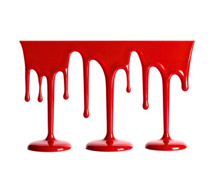 Vivid crimson liquid drips down, pooling at the base against a stark black backdrop