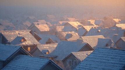 snow-covered rooftops reflecting golden sunrise,