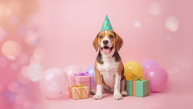 Beagle puppy in birthday hat amid gifts and balloons on pink background, emphasizing celebration for National Pet Day - Powered by Adobe