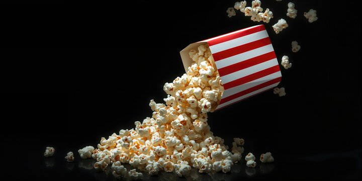 Spilled popcorn on a black background, serving as a layout background for text or design elements
