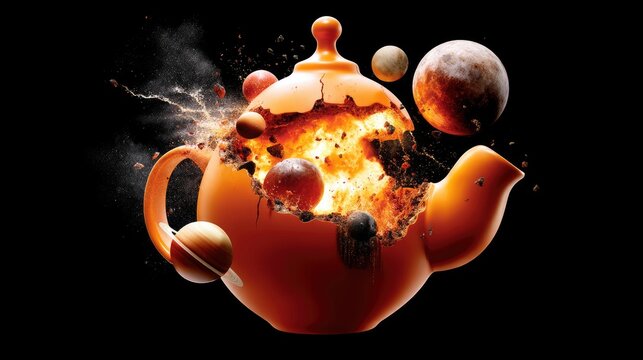 An orange teapot is exploding outwards, revealing planets and cosmic debris within a dark void. The explosion is bright and fiery, with fragments scattering.