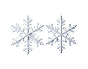 Two pristine, crystalline snowflakes, each with six symmetrical arms, isolated