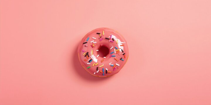 Top view of a pink glazed donut on a pastel coral background, suitable for bakery branding or menu design