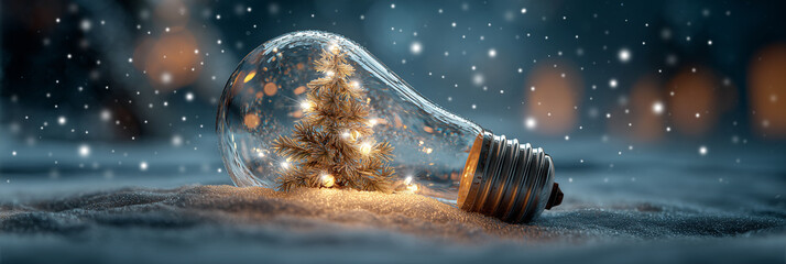 Extreme close-up of a glowing light bulb in the snow with a Christmas tree inside it, as it lights up the magical Christmas night. Template for a Christmas card. Generative Ai.
