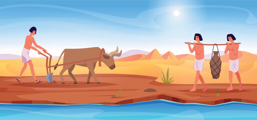 Egypt. Outdoor cartoon illustration of working egyptian people exact vector background