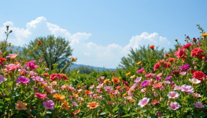 Colorful Flower Meadow Under Blue Sky