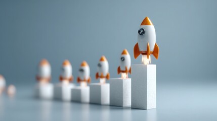 Rocket launching into a row of white blocks in ai multi-asset growth tracker icon concept showcasing futuristic vision