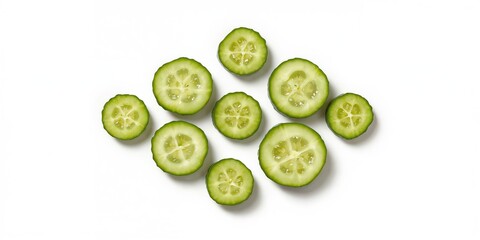 Round cucumber slices viewed from various angles on a white background, suitable for layout backgrounds