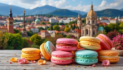 Colorful Macarons with Cityscape Background