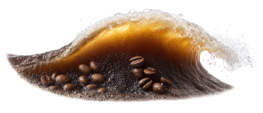 Splashing Coffee Wave with Beans in an Energetic Movement Isolate on Transparent Background, png