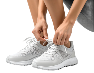 Woman tying shoelaces on white sneakers isolated on white background, transparent PNG