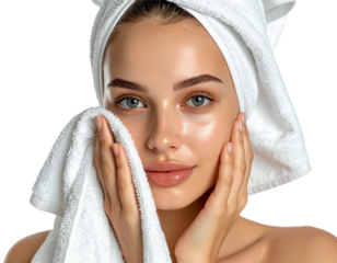 Woman with towel on head and face isolated on white background, transparent PNG