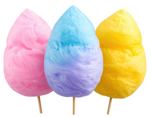 Three colorful, fluffy spun sugar treats on wooden sticks, against black background