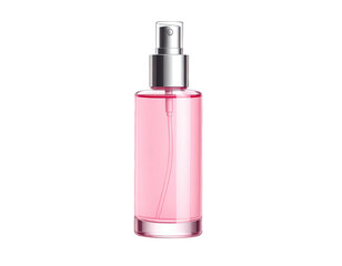 A pink liquid spray bottle with a silver cap, set against a black background