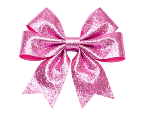 Shiny, pink ribbon bow with glitter texture against a transparent background