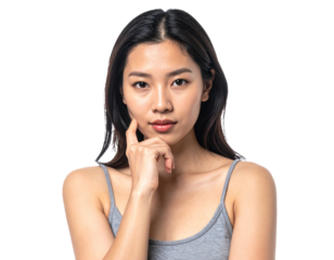 Young Asian woman thinking, hand on chin isolated on white background, transparent PNG