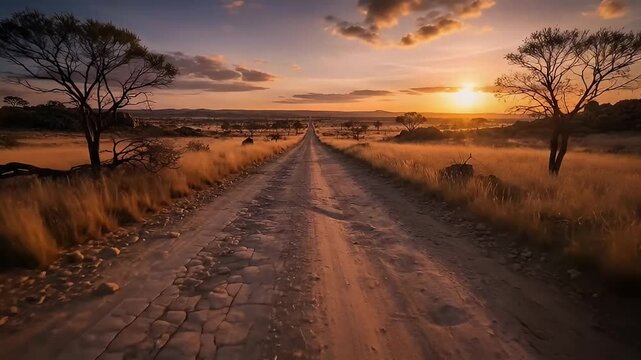 A breathtaking wide shot captures an endless dirt road stretching straight through a golden, sun-drenched savanna landscape at sunset. The cracked earth of the path leads the eye towards a vibrant hor
