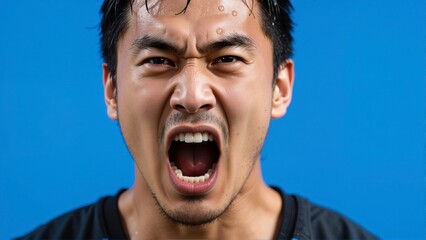 Angry young Asian man with short dark hair and stubble, shouting with mouth open and intense expression against a blue background.