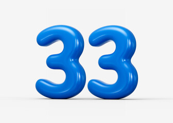 Glossy blue 3D number 33 styled with smooth rounded edges and bright shine. 3d illustration
