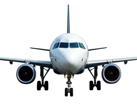 A close-up frontal view of a modern passenger jet, isolated on black