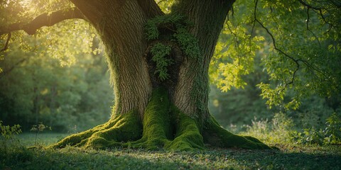 Moss-covered tree bark in a lush summer forest, natural landscape for environmental preservation